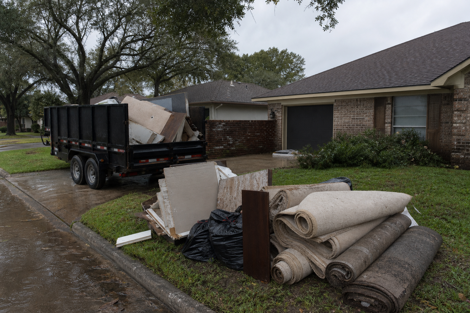 Flood cleanup debris and carpet staged near a Houston-area home