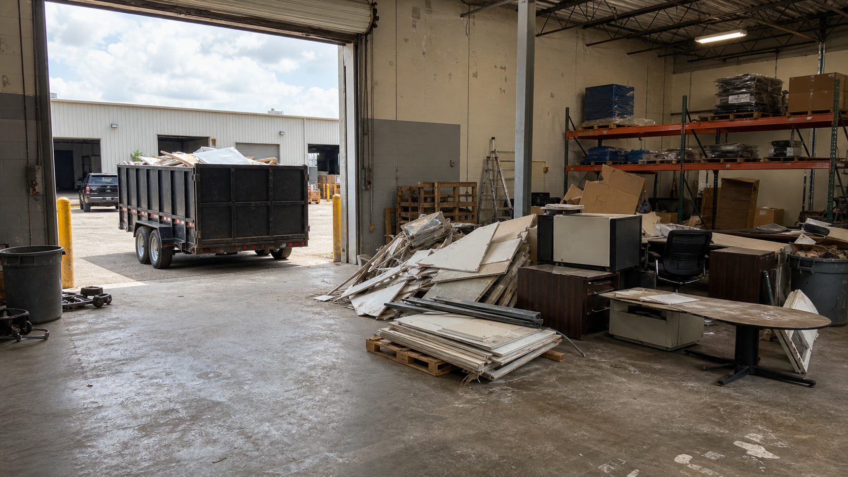 Warehouse cleanout debris staged near an open roll-up door